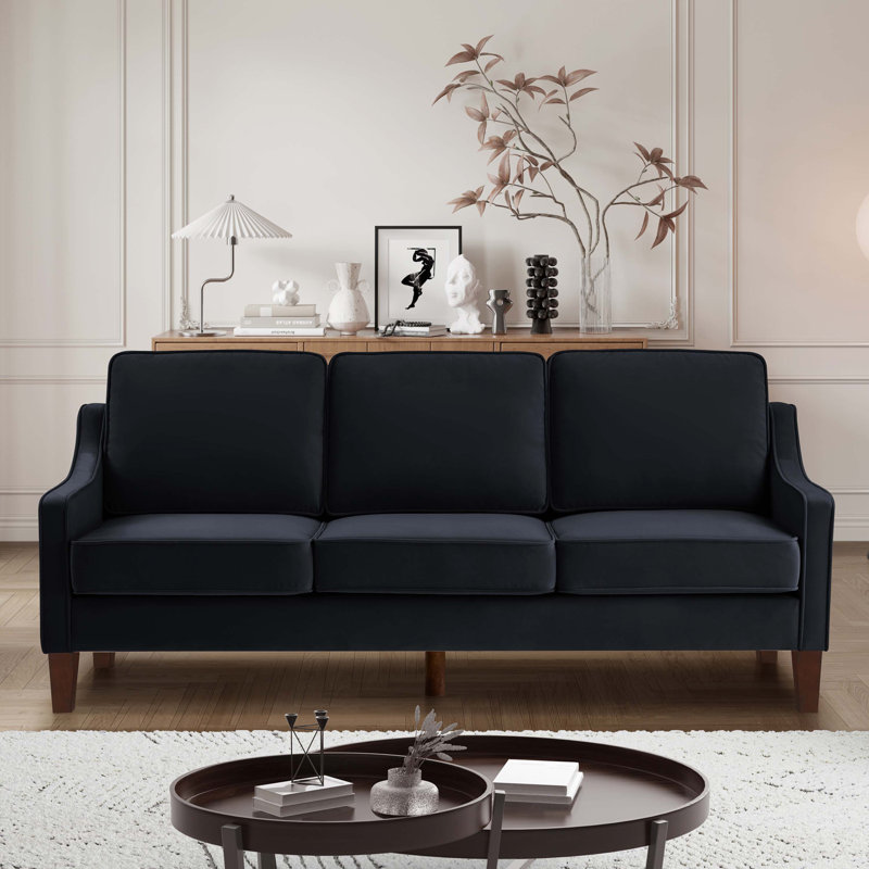 Modern 3 Person Seat Sofa Couch with Scooped Armrest Wood Legs for Livingroom Bedroom Black Lark Manor